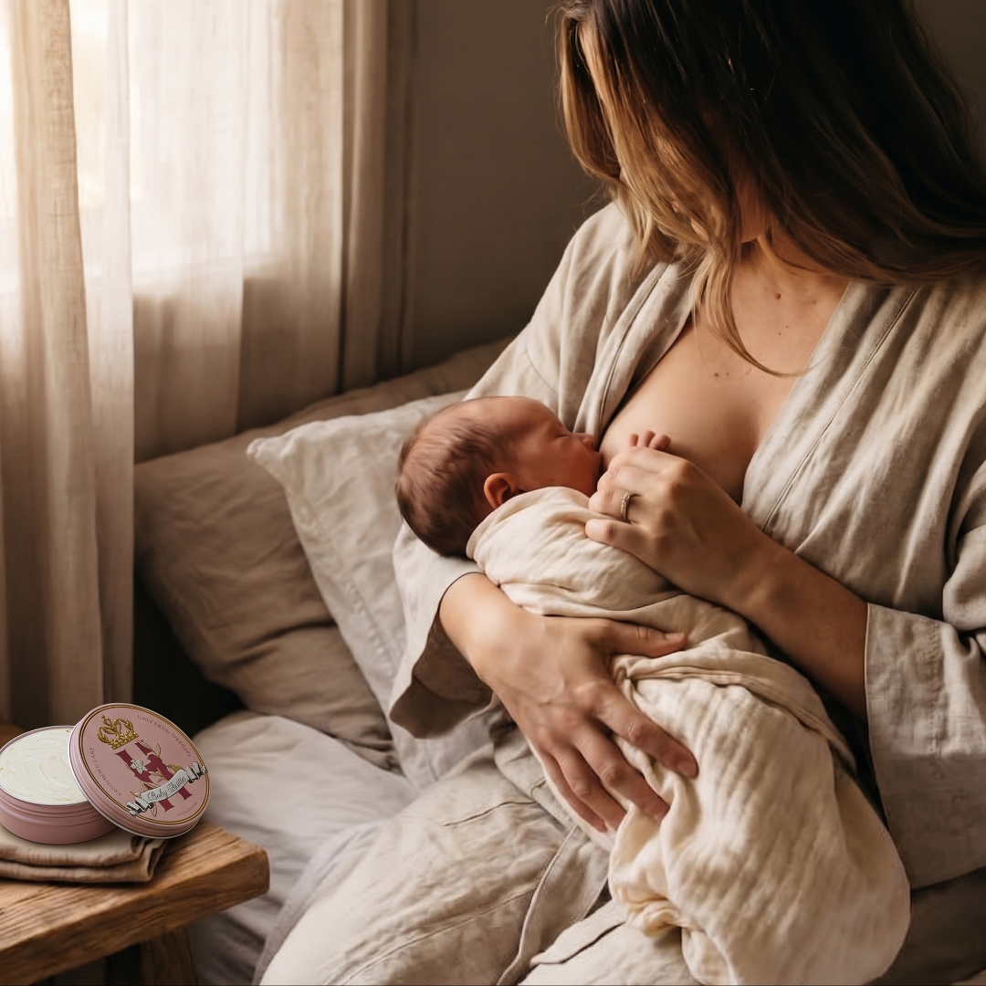A woman in a beige robe breastfeeds a swaddled newborn baby in a softly lit bedroom. A round pink Royal Heir Botanicals tin sits on a wooden bedside table nearby.