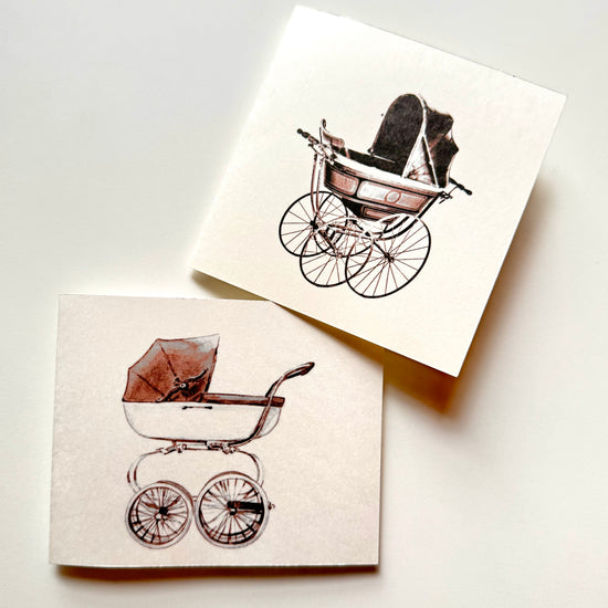 Two vintage-style cards illustrated with baby carriages