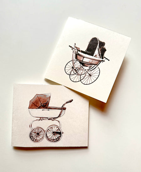 Two vintage-style cards illustrated with baby carriages