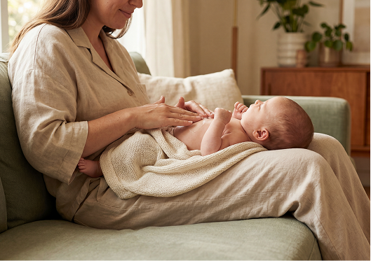 A mother in a cream colored robe sitting on a sofa  with a baby lying on her lap facing her. Mother is massaging her baby's belly and smiling. 
