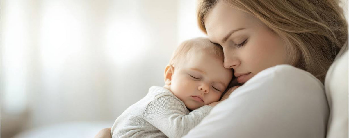 Peaceful mother cuddling her sleeping baby in soft natural light. A moment of deep connection, warmth, and security, symbolizing the beauty of motherhood and the importance of nurturing touch. Perfect for content on baby care, maternal well-being, and the benefits of natural skincare.
