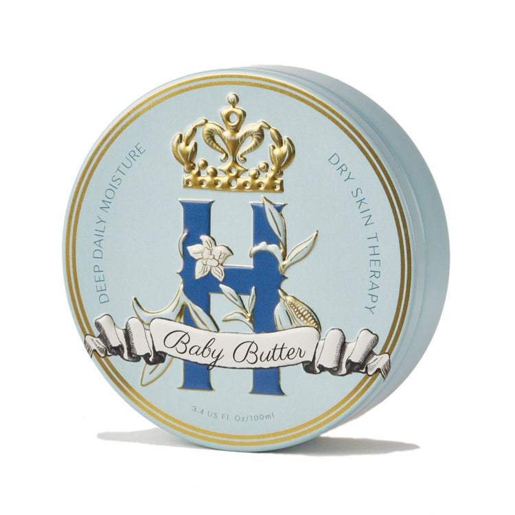 Butter in Blue tin with a gold crown and the words Baby Butter, front view