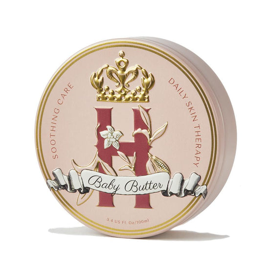 Butter in Pink tin with a gold crown and the words Baby Butter, front view