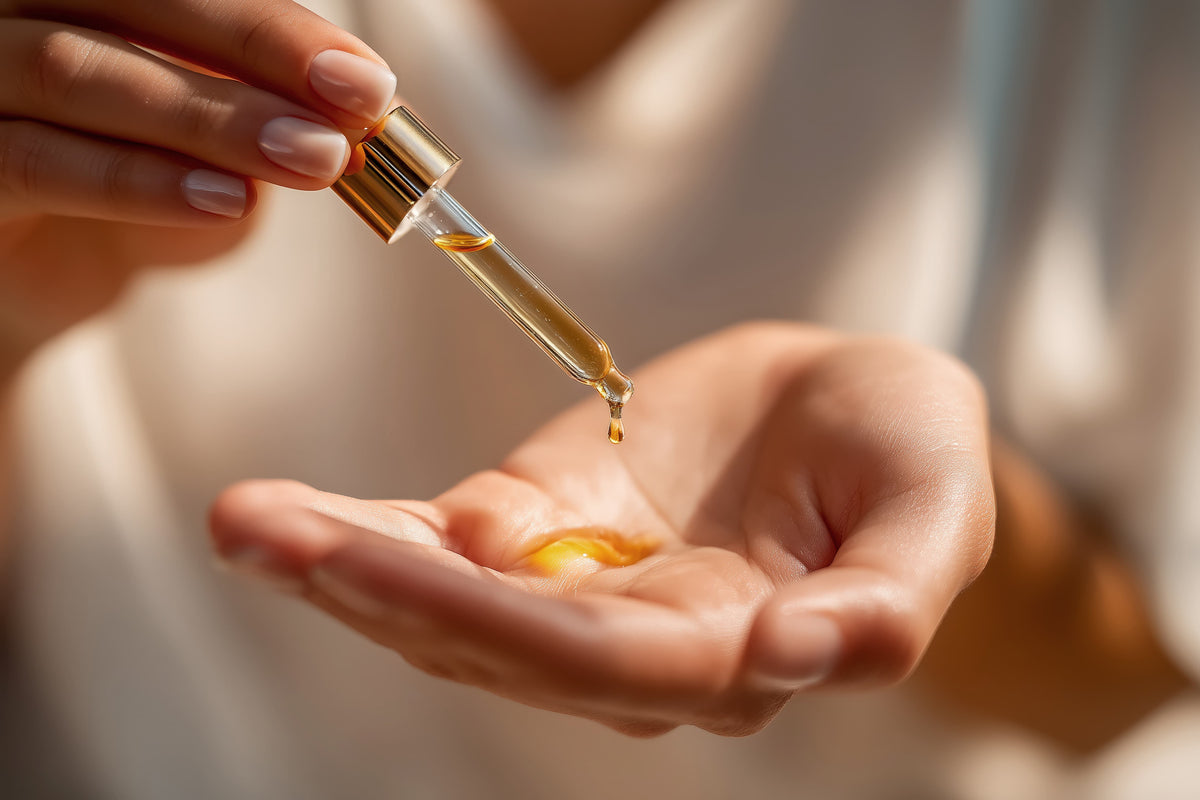 Hand holding a dropper with a small amount of Royal Heir Botanicals Facial oil serum over another hand.